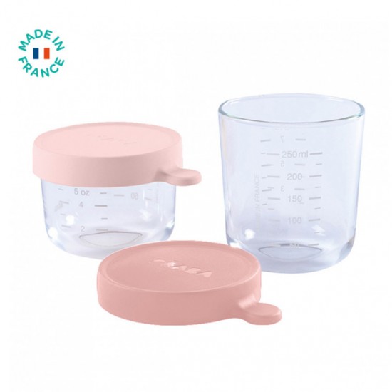 Набор стеклянных баночек для хранения еды с силиконовой крышкой, 150ml pink /250 ml old pink - Beaba / Red Castle