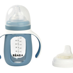 Mācību stikla pudelīte BEABA 2 vienā, 210 ml, BLUE Mācību stikla pudelīte BEABA 2 vienā, 210 ml, BLUE