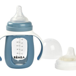Mācību stikla pudelīte BEABA 2 vienā, 210 ml, BLUE Mācību stikla pudelīte BEABA 2 vienā, 210 ml, BLUE