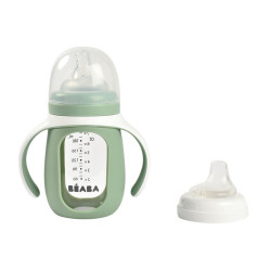 Mācību stikla pudelīte BEABA 2 vienā 210 ml, SAGE GREEN
