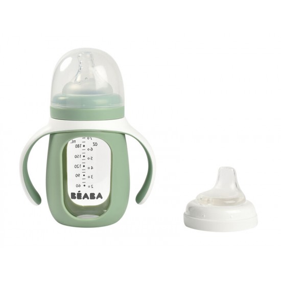 GLASS BOTTLE WITH SILIC COVER, SAGE GREEN - Beaba / Red Castle
