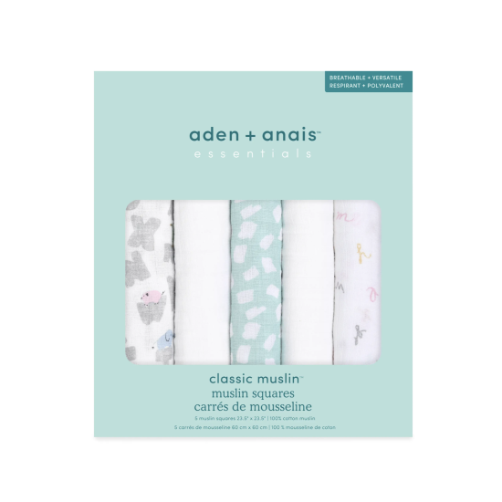 Муслиновые Пелёнки Classic muslin 60x60cm Alphabet animals, 5 gab. - Aden&Anais