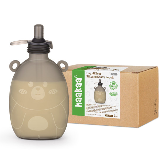 Haakaa Happii Bear silikona maisiņš biezeņiem/sulam 500 ml Grey
