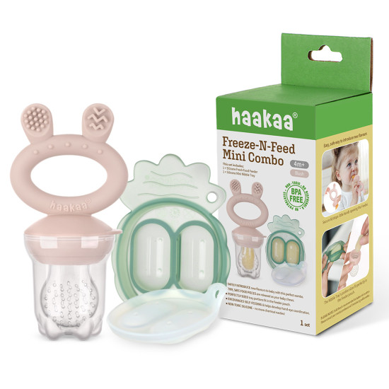 Haakaa Fresh Food Feeder Mini Combo silikona komplekts - fīderis un saldēšanas forma, Blush Pink