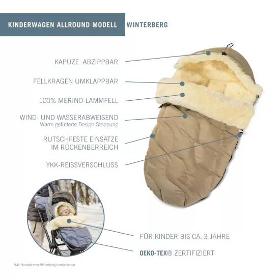 Aitas vilnas guļammaiss ratiem Fellhof Winterberg Lambskin Footmuff Grey