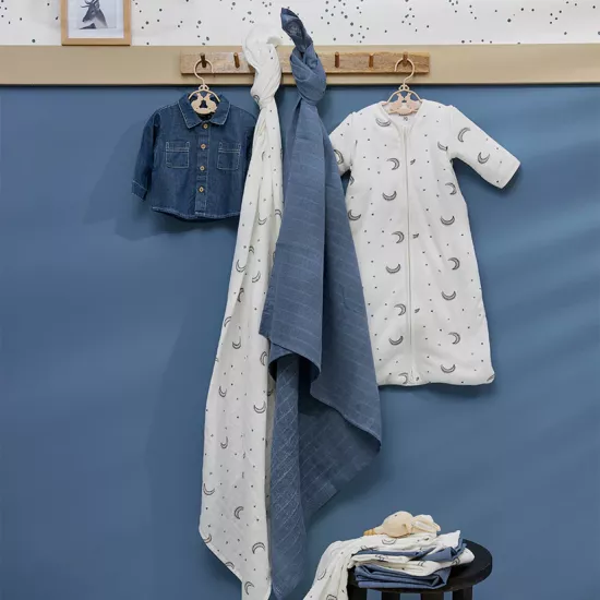 Meyco Baby muslīnu autiņu komplekts Moon Indigo (2 gab., 120x120 cm)