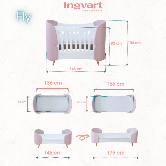 Mēbeļu komplekts: gulta Fly Light Pink + kumode Scandi White/Natural