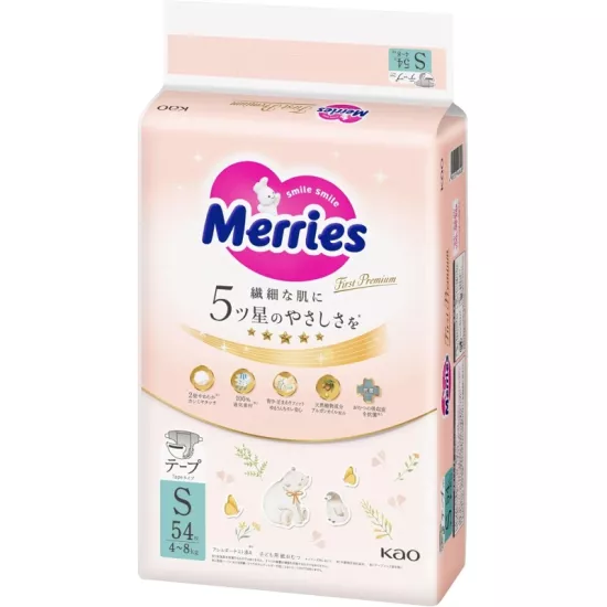 Merries First Premium Autiņbiksītes S 4-8kg 54gab