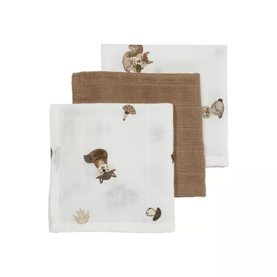 Meyco Baby muslīnu autiņu komplekts Mini  Forest Animals Toffee (3 gab., 30x30 cm)