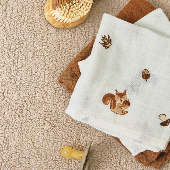 Meyco Baby muslīnu autiņu komplekts Mini  Forest Animals Toffee (3 gab., 30x30 cm)